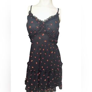Sweet & Chic "Love and Liberty" Black Strawberry Print  Ruffle Mini Dress Size M